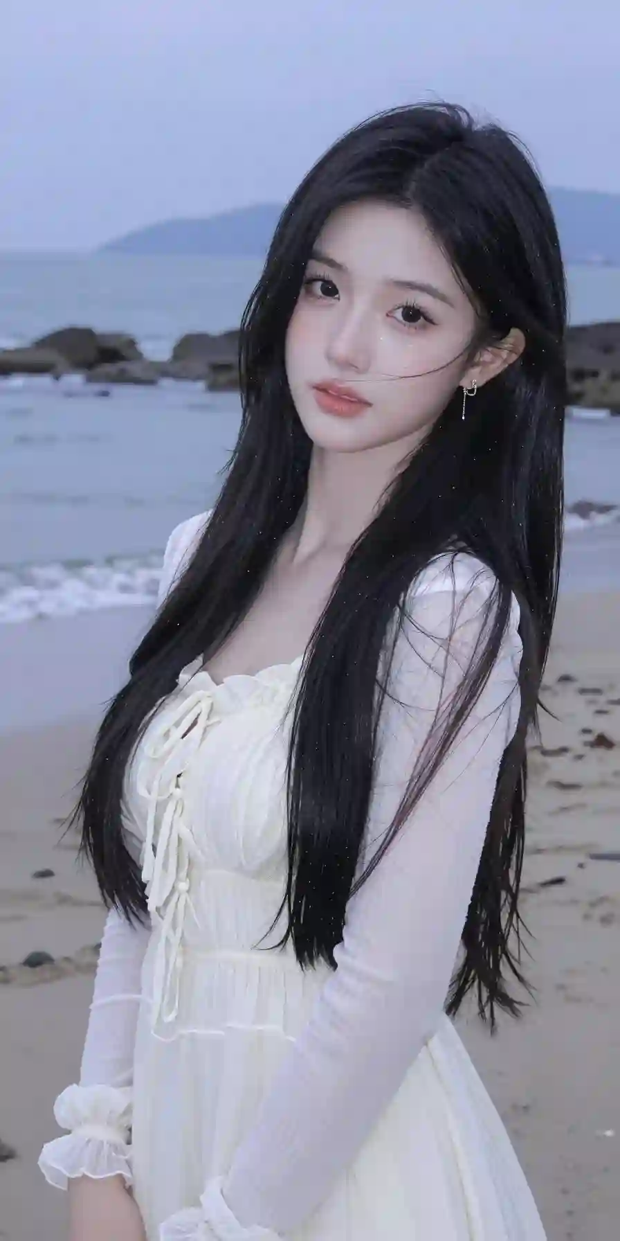 真实摄影_亚洲美少女薇薇_黑色长发_穿着米白色褶皱长袖纱裙_站在海边沙滩上_背景是蓝紫色调的海面_礁石与远山天空_整体风格梦幻浪漫_充_573585971.png