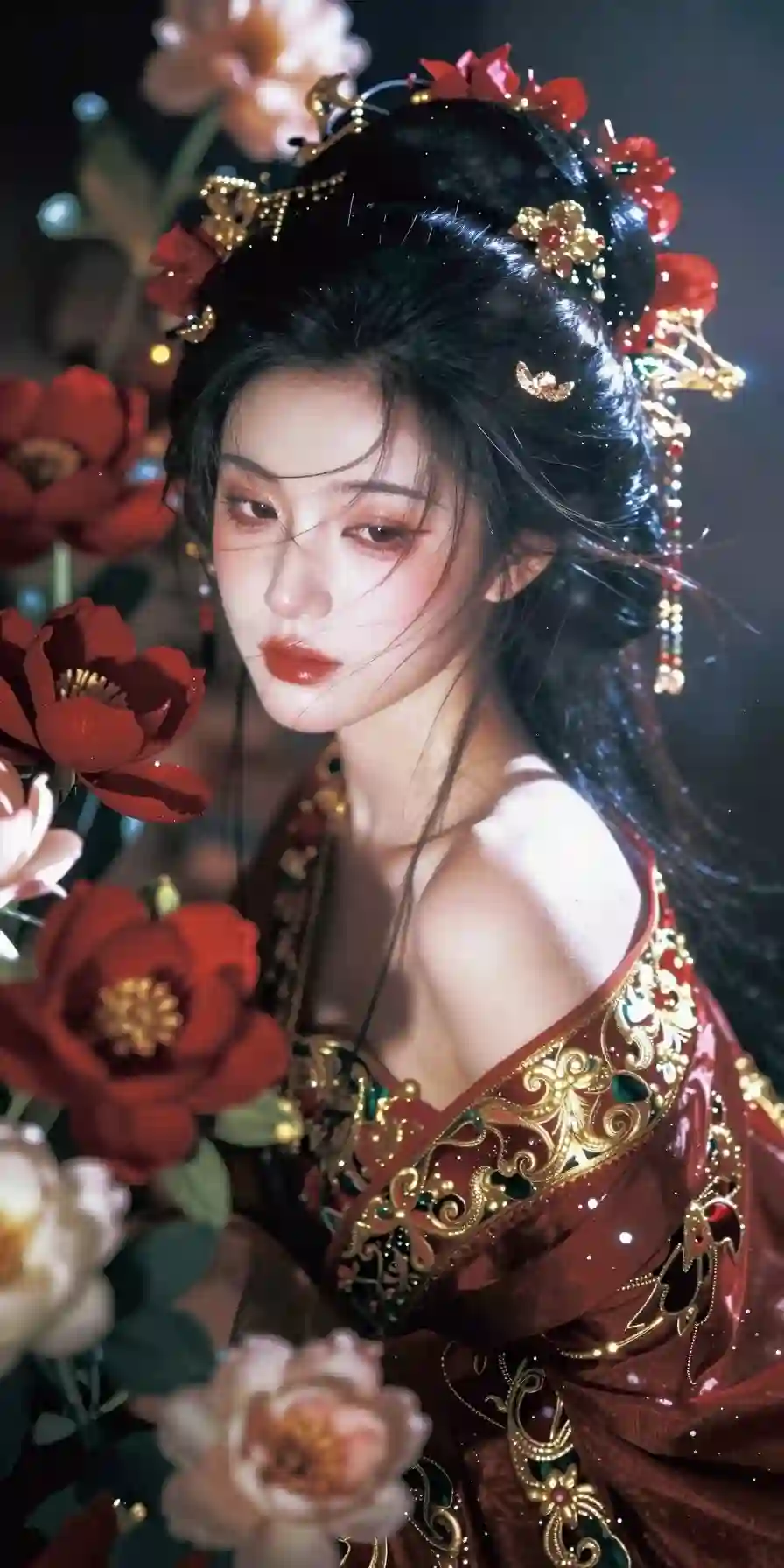 胶片摄影_镜头语言_淡彩_个性视角_场景随机_古风美人_皮肤白皙嫩滑_倾国倾城容貌_头发披散_发饰精致简约_羞涩隐晦_以深红和金银为主要色_1751139735.png