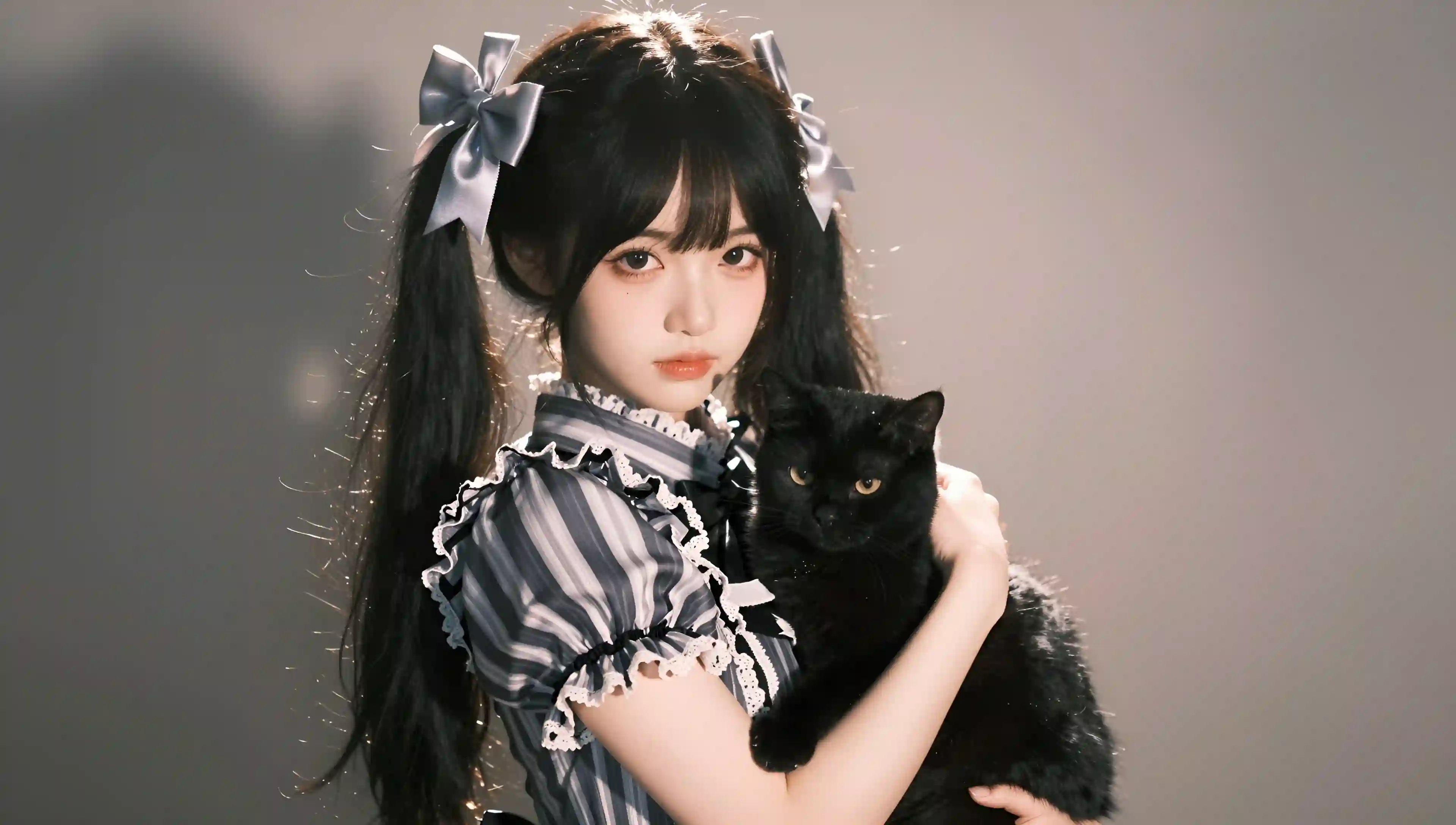 东亚美少女_皮肤白皙_美艳动人_黑色极长双马尾_银色大蝴蝶结装饰_身着条纹洛丽塔洋装_怀抱黑色猫咪_姿态优雅__极简风格_细节完美_五官精_3195272857.png