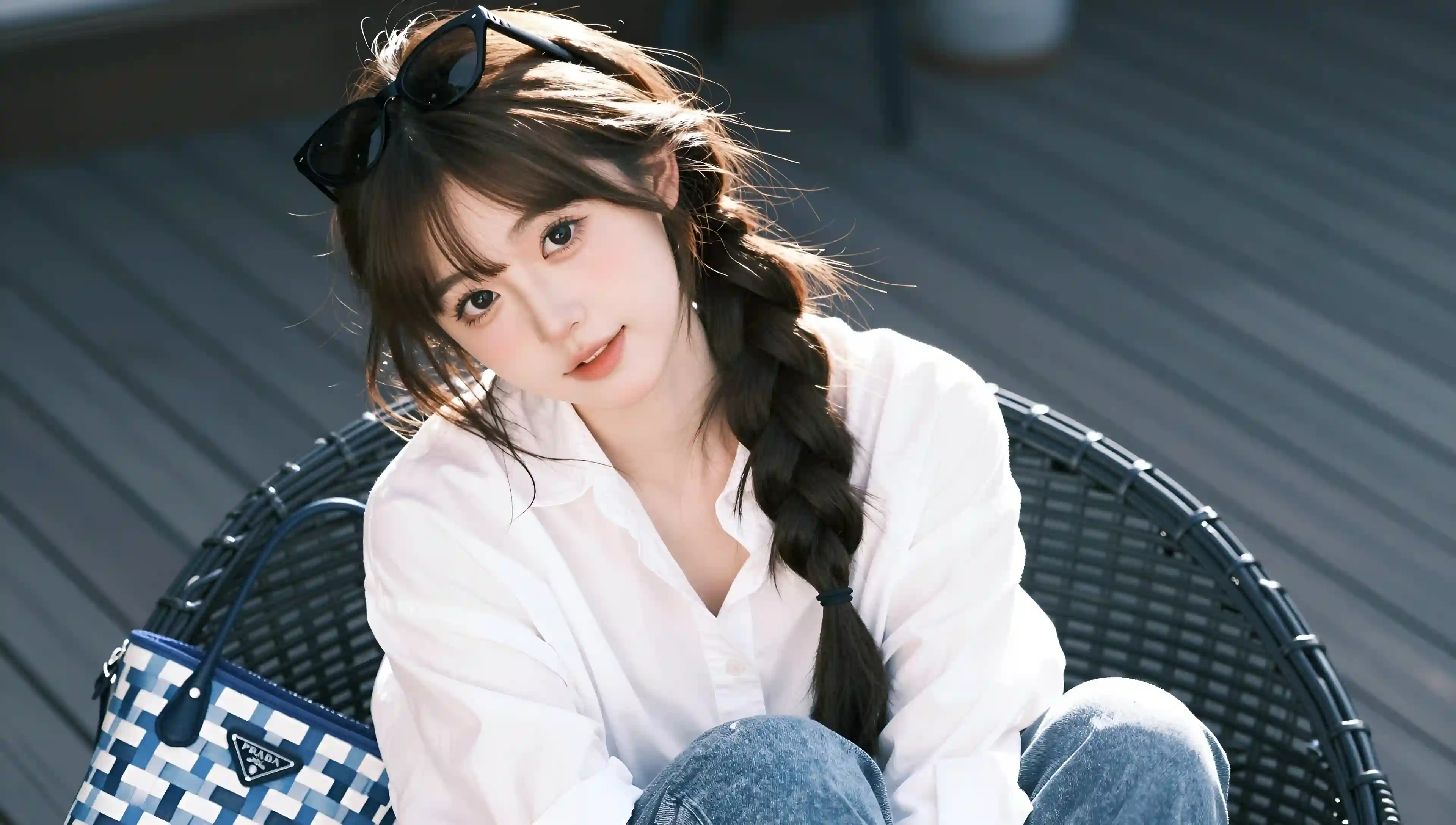 真实摄影_亚洲美少女_棕色长发梳成大辫子散落在一侧_两侧碎发自然__头顶架着墨镜_穿着白色宽松衬衫_牛仔裤_坐在室内黑色藤编椅上_身旁放_78602170.png
