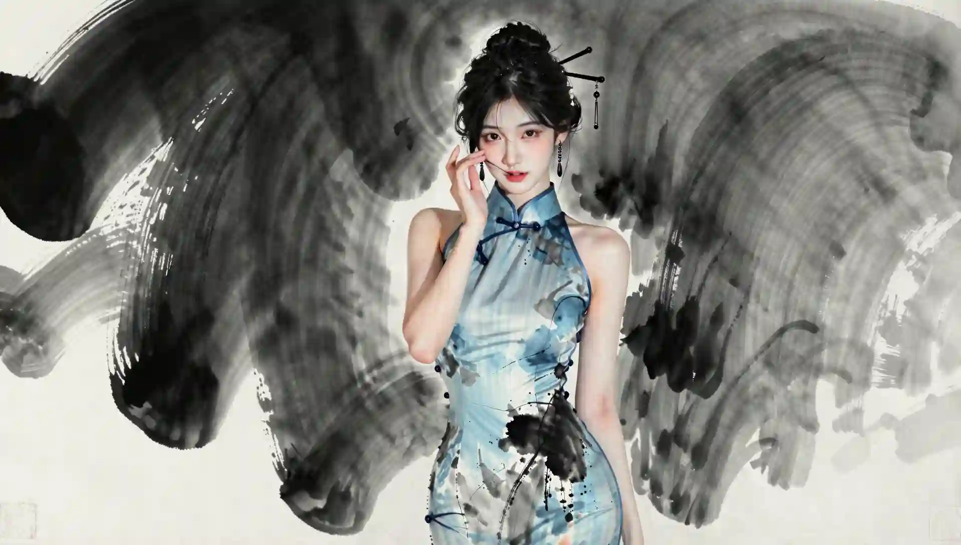 图片风格为水墨_帮我生成图片_以梦核和意识流为特色的高清64k写真人像作品_呈现出一位东方的冷白皮妙龄美女_她身着浅蓝色带有水墨花纹__3297006944.png